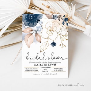 Navy and Blush Bridal Shower Invitation, Gold Floral Bridal Shower Invite, Floral Watercolors, Printable, Instant Download 2050