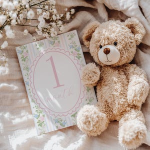 May include: A plush teddy bear sits next to a baby milestone card. The card features a pink oval with the number "1" and the word "month" in a script font. The card has a floral border and striped background.