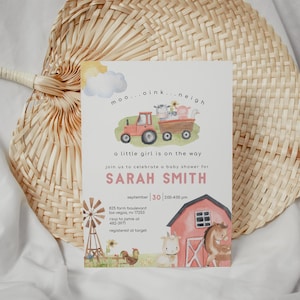 Girl Farm Baby Shower Invitation, Editable Farm Baby Shower Invite Invite, Farm Animals Girl Baby Shower Invitation, Printable Template 2546