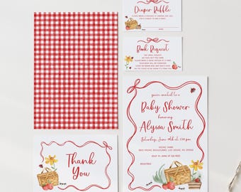Röd gingham-inbjudningspynt för picknick till babyshower, 2832