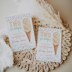 Twins Ice Cream Baby Shower Invitation, Gender Neutral Ice Cream Shower Invite, Two Scoops, Summer Shower, Printable Digital Template 2547