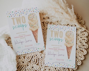 Twins Ice Cream Baby Shower Invitation, Gender Neutral Ice Cream Shower Invite, Two Scoops, Summer Shower, Printable Digital Template 2547