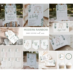 Rainbow Mobile Baby Shower Invitation Set, Boho Greenery Theme (Digital Download)