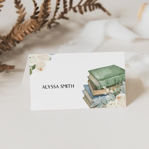 Libro Baby Shower Place Card Table Tent, Etiquetas de comida de baby shower temáticas de libro personalizado, Tarjetas de nombre editables de género neutro, 2561
