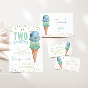 Lot d'invitations pour baby shower crème glacée jumeaux garçon, invitation de shower de bébé crème glacée bébé garçon, tombola de couches, demande de livre, carte de remerciement 2521