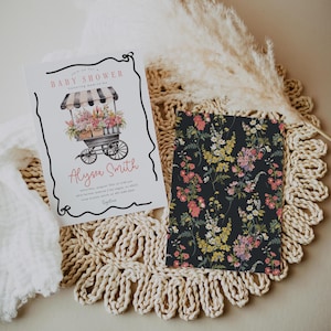 Zaproszenie na Baby Shower na targu kwiatowym, edytowalne zaproszenie na Baby Shower na stoisku z kwiatami, wózek z kwiatami, 2820