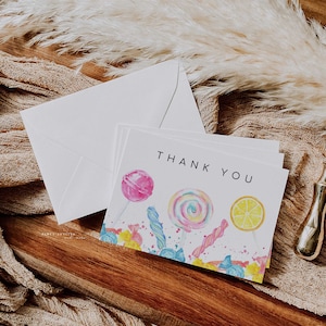 Tarjeta de agradecimiento de cumpleaños o baby shower de Candy Shop, notas de agradecimiento de Sweet Shop, piruletas 2035