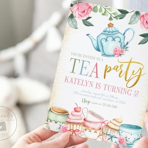 Floral Tea Party Birthday Invitation, Tea Party Birthday Invite, Whimsical Spring Tea Party, High Tea, Editable Invitation Template, 2142