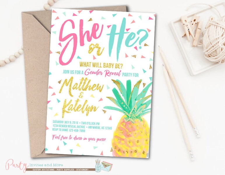 Pineapple Gender Reveal Invitation Pineapple Gender Reveal Etsy