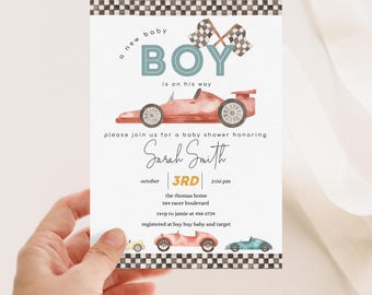 Rennauto-Babypartyeinladung, Retro-Auto einladen, bearbeitbare Jungen-Babyparty-Rennauto einladen, druckbare Vorlage 2545