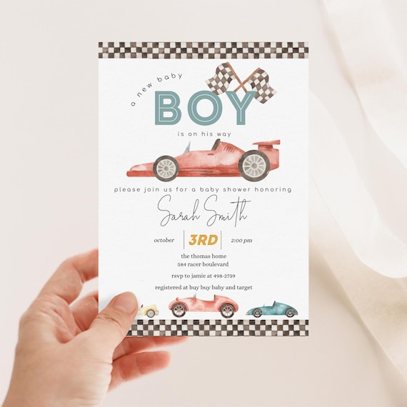 Race Car Baby Shower Invitation, Retro Car Invite, Editable Boy Baby Shower Race Car Invite, Printable Template 2545
