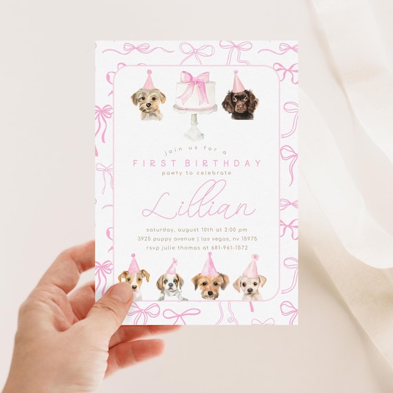Puppy Birthday Party Invitation with Pink Bows, Dog Birthday Invite with Bows, Editable Invitation, 2751