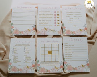 Pink Pumpkin Baby Shower Games, Printable Games Bundle, Wishes for Baby, Advice Cards, Predictions for Baby, Fall Baby Shower 2054