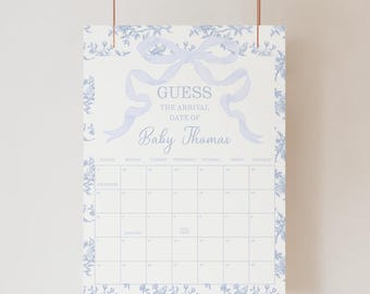 Light Blue Bow and Floral Baby Shower Due Date Calendar, Editable Toile Baby Shower Due Date Prediction Game, 2770