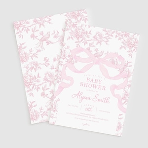 May include: Two baby shower invitations with a pink floral design and a large bow. The invitations include the text "Baby Shower" and the name "Alyssa Smith". The background is white.
