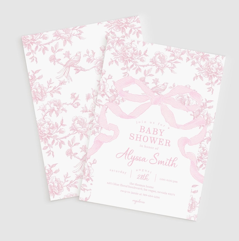 May include: Two baby shower invitations with a pink floral design and a large bow. The invitations include the text "Baby Shower" and the name "Alyssa Smith". The background is white.
