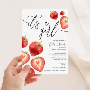 Strawberry Baby Shower Invitation, Editable Strawberries Shower Invite, Baby Girl, Watercolor Summer Editable File, 2516