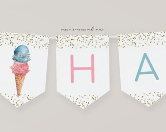 May include: A white banner with gold glitter confetti and the letters "HA" in pink and blue. The banner is strung together with white string. The first flag has a watercolor illustration of a pink and blue ice cream cone.