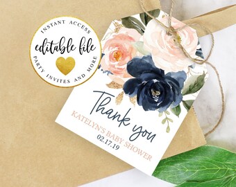 Navy and Blush babyshower bedankkaartjes, marineblauw en blush feesttastag, hang tag, cadeaukaartje direct downloaden - print vandaag nog! 109