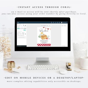 May include: A computer screen displaying a baby shower invitation template with a picnic theme. The invitation features a watercolor illustration of a picnic basket, food, and a red and white gingham pattern. The text on the invitation reads "Baby Shower".