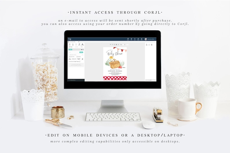 May include: A computer screen displaying a baby shower invitation template with a picnic theme. The invitation features a watercolor illustration of a picnic basket, food, and a red and white gingham pattern. The text on the invitation reads "Baby Shower".