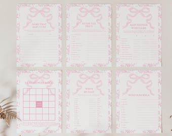 Pink Bow and Floral Baby Shower Game Bundle, Printable Toile Baby Shower Games, 2771