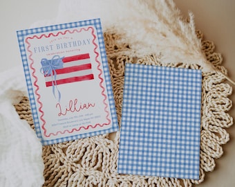 4th of July Birthday Party Invitation with a Flag and Bow, Editable Patriotic Fourth of July First Birthday Invite, Red White and Blue, 2826