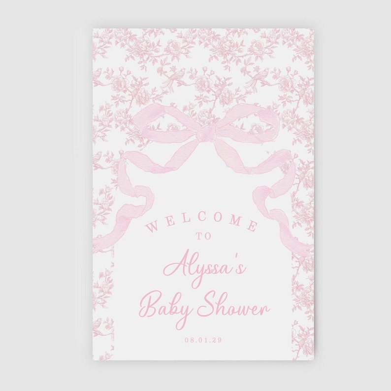 Light Pink Bow and Floral Baby Shower Welcome Sign, Toile Baby Shower ...