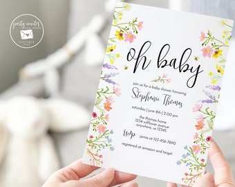 Editable Wildflower Baby Shower Invitation, Watercolor Floral Invite, Baby Girl, Garden Party, Wild Flowers Printable Template 2154