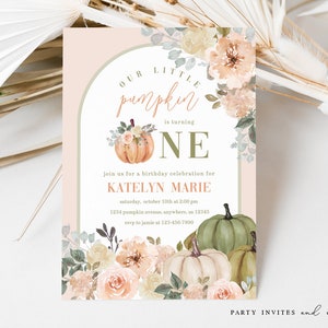 Little Pumpkin 1st Birthday Invitation, Fall First Birthday Invite, Sage and Cream Watercolor Flowers, Digital Template or Printed 2519