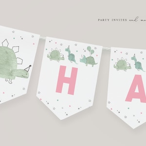 Mädchen Dinosaurier Geburtstagsbanner, Dino Happy Birthday Banner, Dinosaurier Party Dekorationen, druckbare Sofort Download 2070