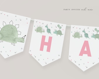 Girl Dinosaur Birthday Banner, Dino Happy Birthday Banner, Dinosaur Party Decorations, Printable Instant Download 2070