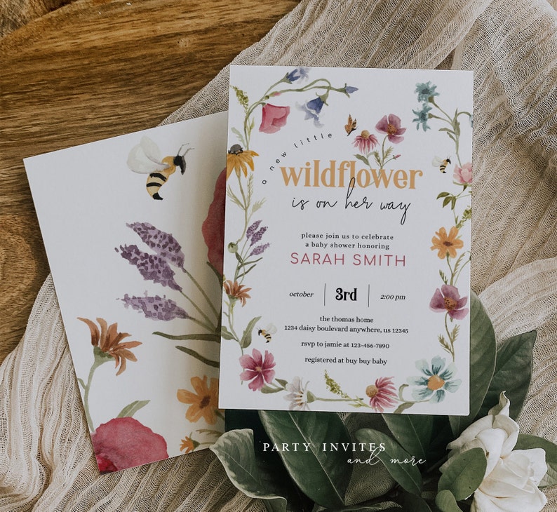 Editable Wildflower Baby Shower Invitation Watercolor Floral Baby Shower Invite Garden Party Wild Flowers Printable Template