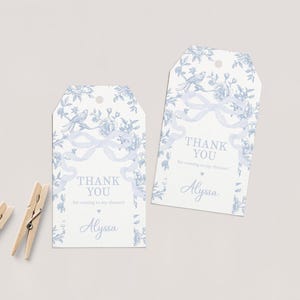 Printed Light Blue Bow and Floral Baby Shower Thank You Tags, Toile Baby Shower Favor Tags, 2770
