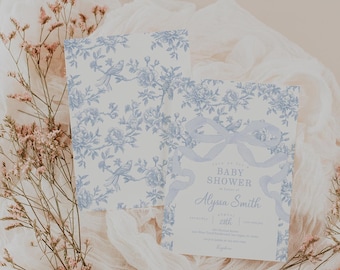 Light Blue Bow and Floral Baby Shower Invitation, Blue Bow Floral Baby Shower Invitation, 2770