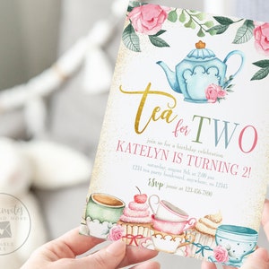 Tea for Two Birthday Invitation, Floral Tea Party Invite, 2nd Birthday Party Invitation, Tea Cups, Spring, Roses, Editable Template, 2142