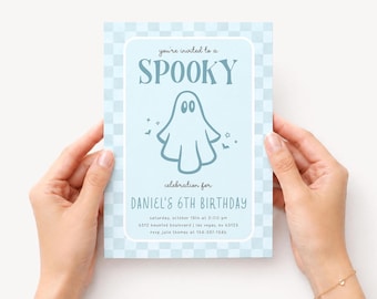 Blue Checker Ghost Birthday Invitation, Spooky Boy Halloween Party Invite, Printed & Shipped, 3047