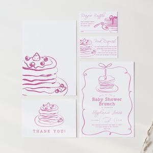 Ensemble d'invitations pour brunch baby shower crêpes avec cadre avec noeud dessiné à la main, invitation baby shower fille et inserts, carte de remerciement, 2796