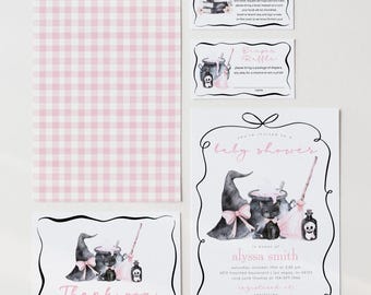 Witch Baby Shower Invitation Set, Editable Girl Halloween Baby Shower Invite, Baby Shower Invitation, Inserts and Thank You Card, 2776