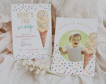 Rainbow Ice Cream Birthday Invitation, Photo Birthday Invite, Ice Cream Party, Ice Cream Party Invitation, Editable Invite 2547