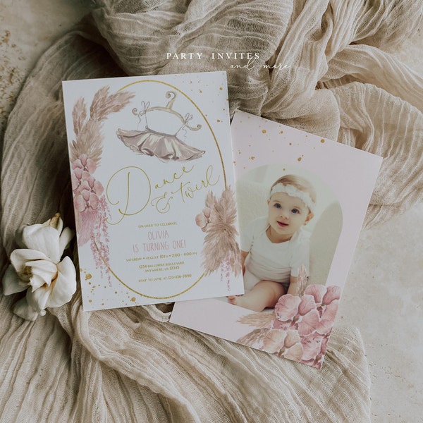 Ballerina Birthday Invitation, Blush Pink and Gold Ballerina Invite with Photo, Pampas Grass Invitation, Editable Printable Digital 2551