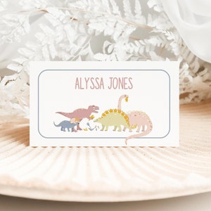 Pastel Dinosaur Birthday Table Tents, Editable Modern Girl Dinosaur Birthday Party Place Card Template, 2761