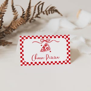 Pizza Baby Shower Place Cards, Hand Drawn Pizza Themed Table Tents with a Bow, Editable Name Cards, 2840