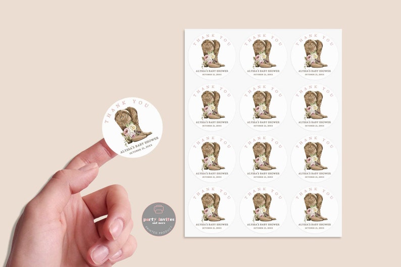 May include: A sheet of 12 round thank you stickers with a watercolor illustration of brown cowboy boots with pink flowers. The text on the stickers reads "Thank You Alysa's Baby Shower October 21, 2023".