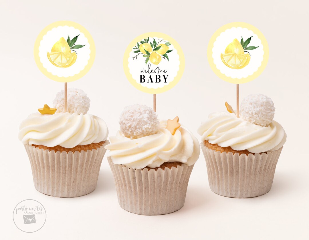 Lemon Cupcake Toppers, Lemon Baby Shower, 2 Circle Tags, Greenery
