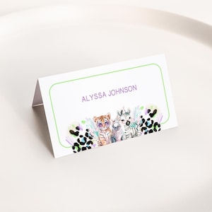Girl Safari Birthday Party Table Tents, Editable Jungle Animals Place Card Templates, 2754