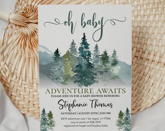 May include: A watercolor illustration of a forest with mountains in the background. The text "Oh baby" is at the top of the card. The text "Adventure Awaits" is at the bottom of the card. The text "Please join us for a baby shower honoring Stephanie Thomas" is below the text "Adventure Awaits". The text "Saturday | August 10th | 2:00 PM" is below the text "Stephanie Thomas". The text "8274 adventure way las vegas, nv 17286" is below the text "Saturday | August 10th | 2:00 PM". The text "rsvp to jamie at 528-3941" is below the text "8274 adventure way las vegas, nv 17286". The text "registered at target and buybuy baby" is below the text "rsvp to jamie at 528-3941".