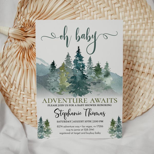 Adventure Awaits Baby Shower Invitation, Rustic Shower Invite, Forest Greenery, Boy Baby Shower, Instant Download, Editable File, 139