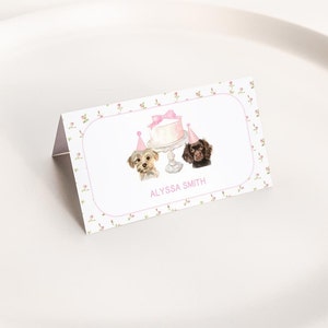 Dog Birthday Party Table Tents, Editable Pink Bow Puppy Birthday Place Card Template, 2751