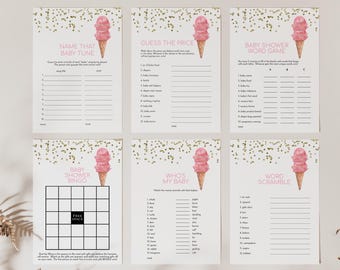 Paquete de juegos para baby shower con helado rosa, juegos para baby shower con helado rosa y dorado, 2587